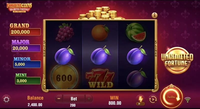 Fortune Coins Unlimited Fortune - ตารางพื้นฐาน 3x3 พร้อมสัญลักษณ์ผลไม้